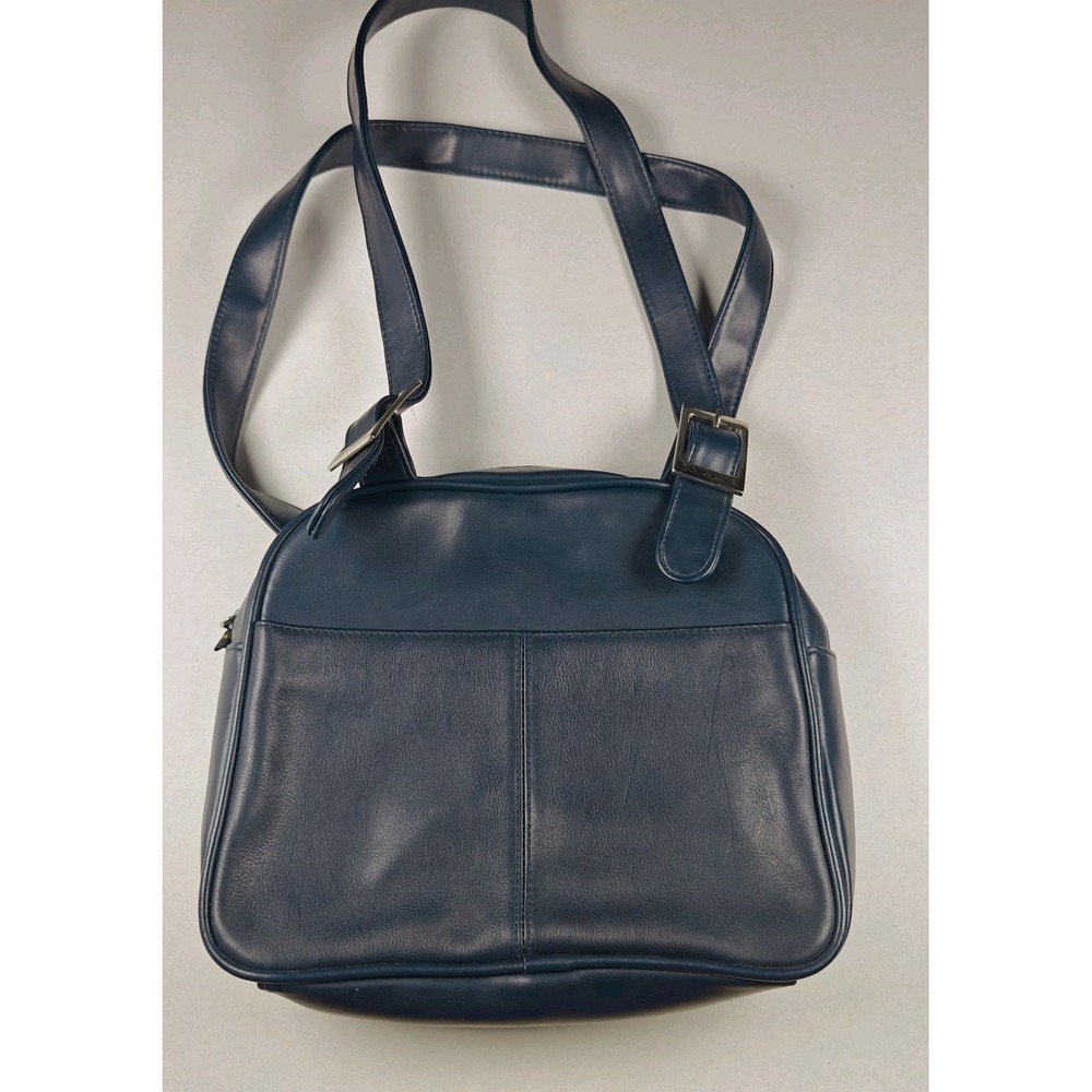 Vintage Evan Picone‎ Dark Blue Leather Shoulder Bag Double Strap Purse Pockets